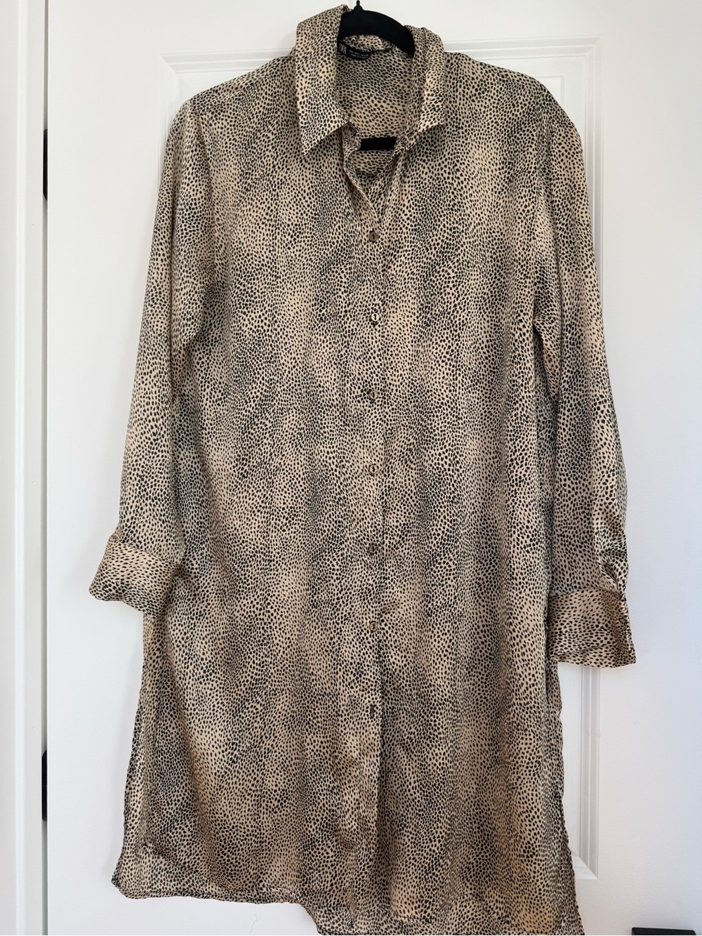 Zara Beige and Black Animal-Print Long Sleeve Shirt Dress
